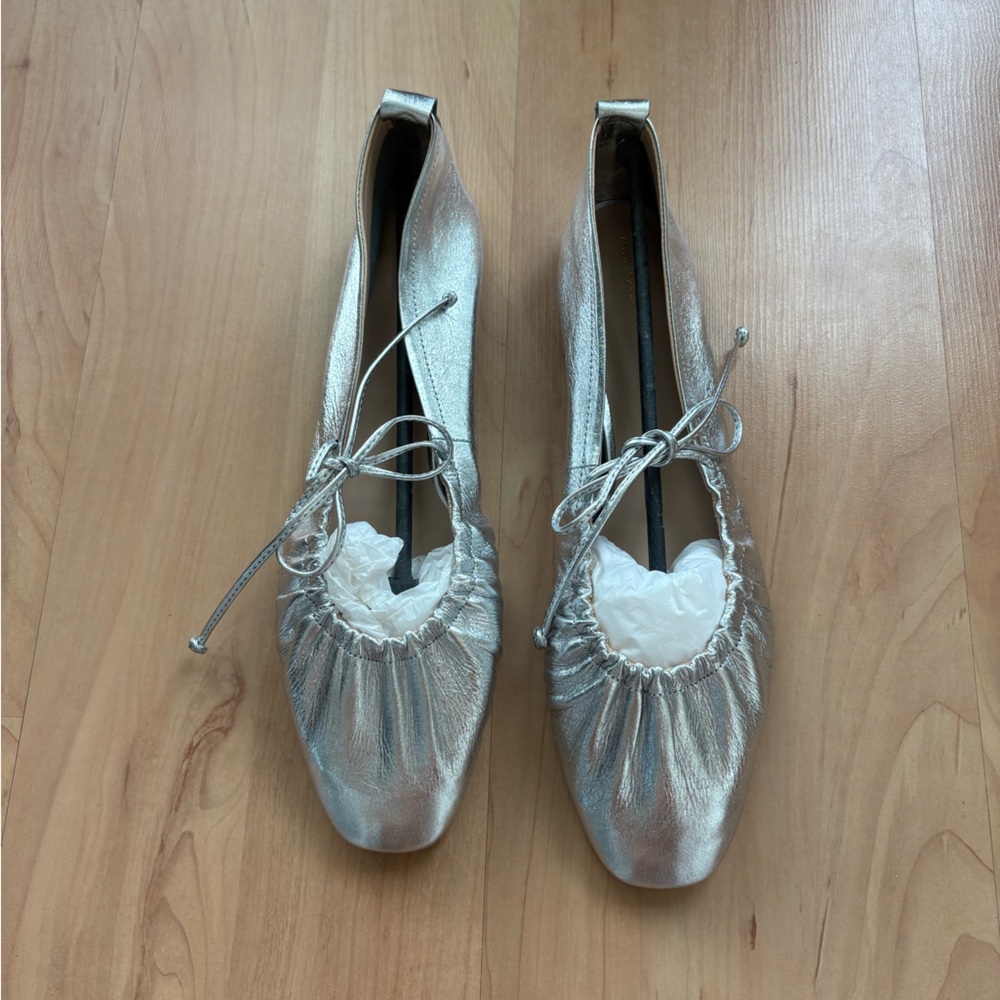 Anthropologie Silver Metallic Ballet Flats with Tie Detail